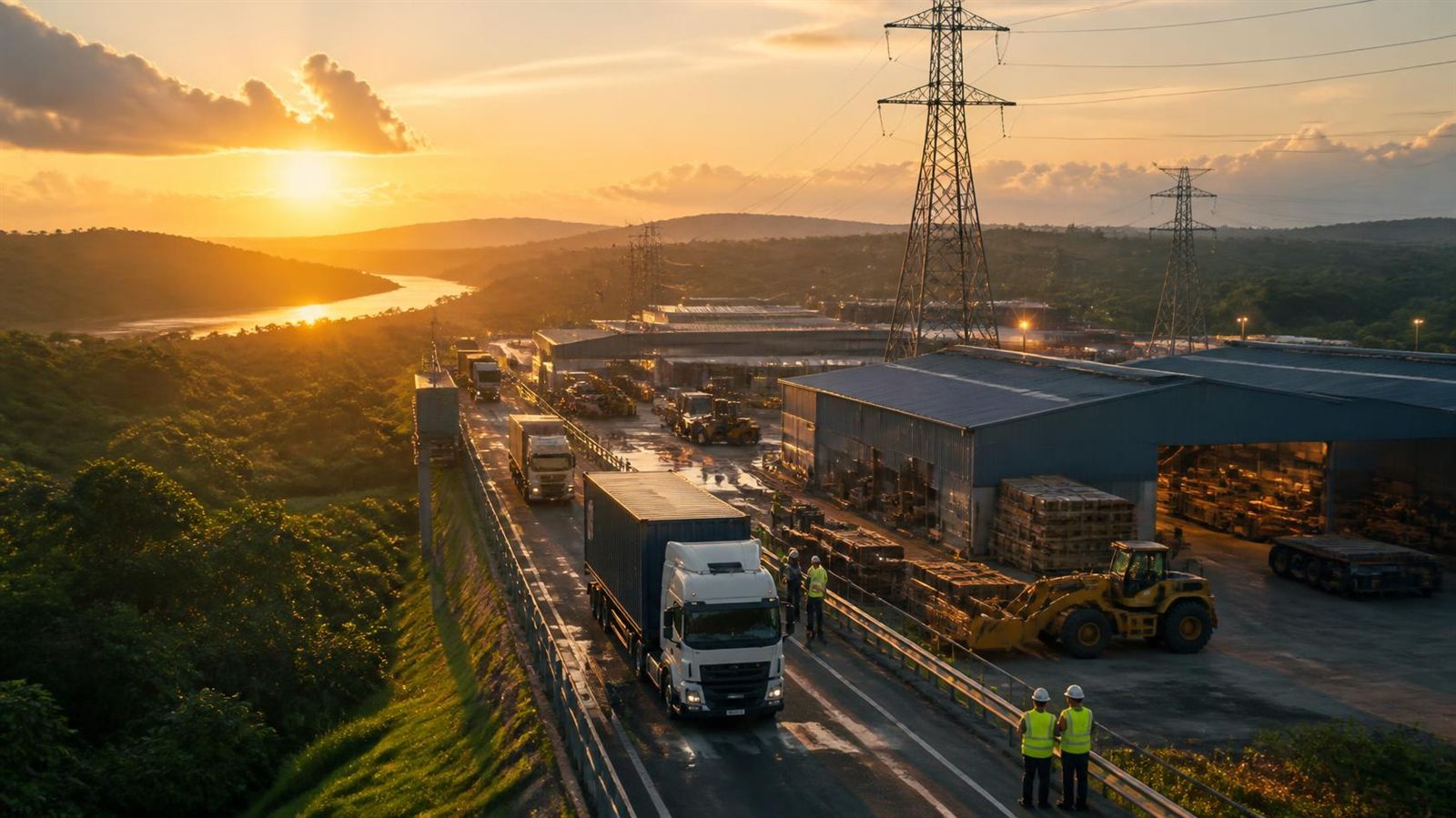 Carretas e pá carregadeira num pátio industrial com galpões e linhas de transmissão